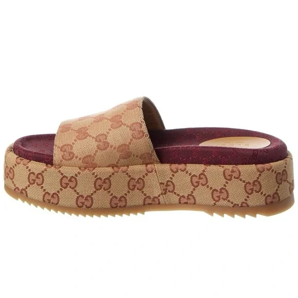 GG  Women's Tan and Burgundy Slide Sandals - Picture 2 of 6